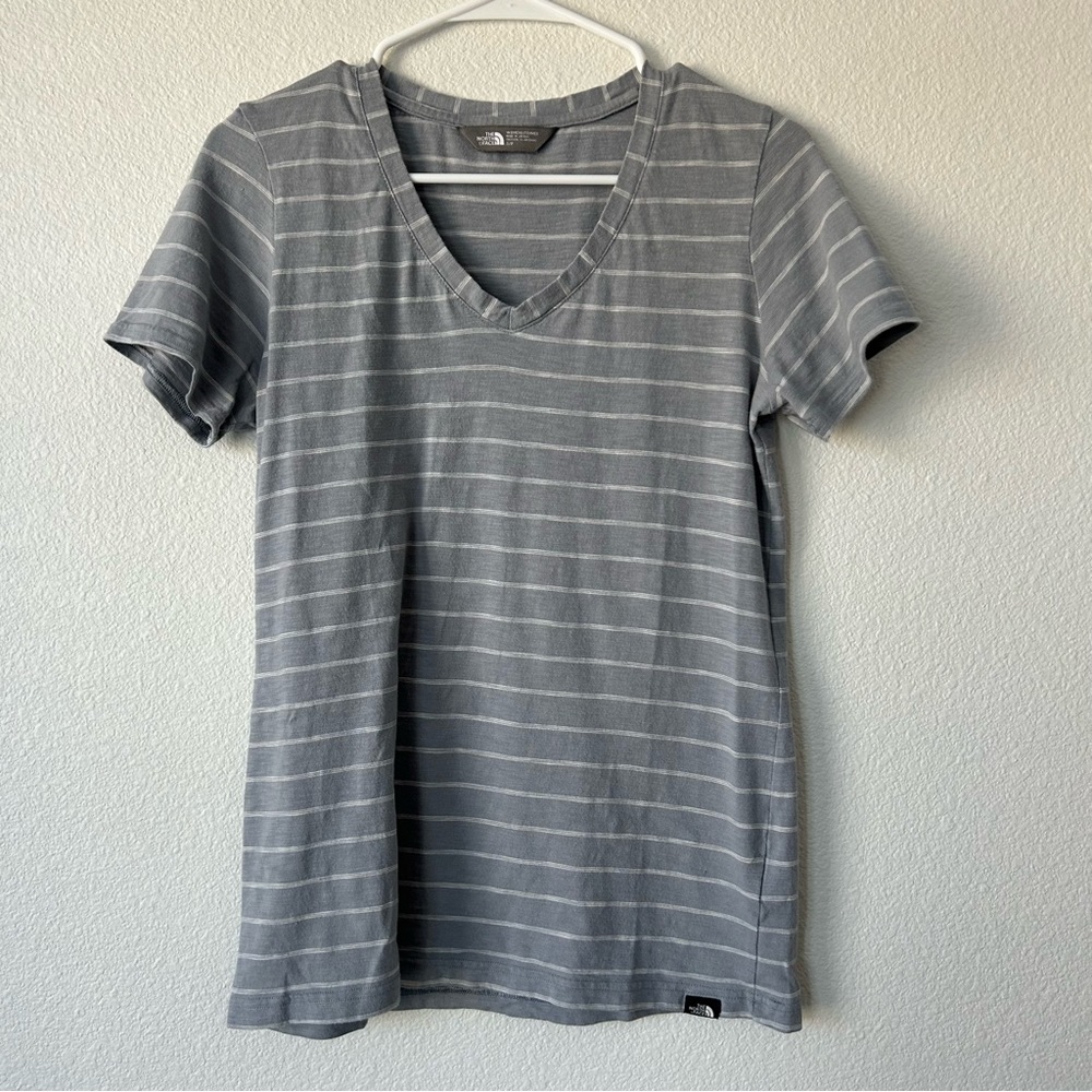 Gray Striped North Face V-Neck T-Shirt